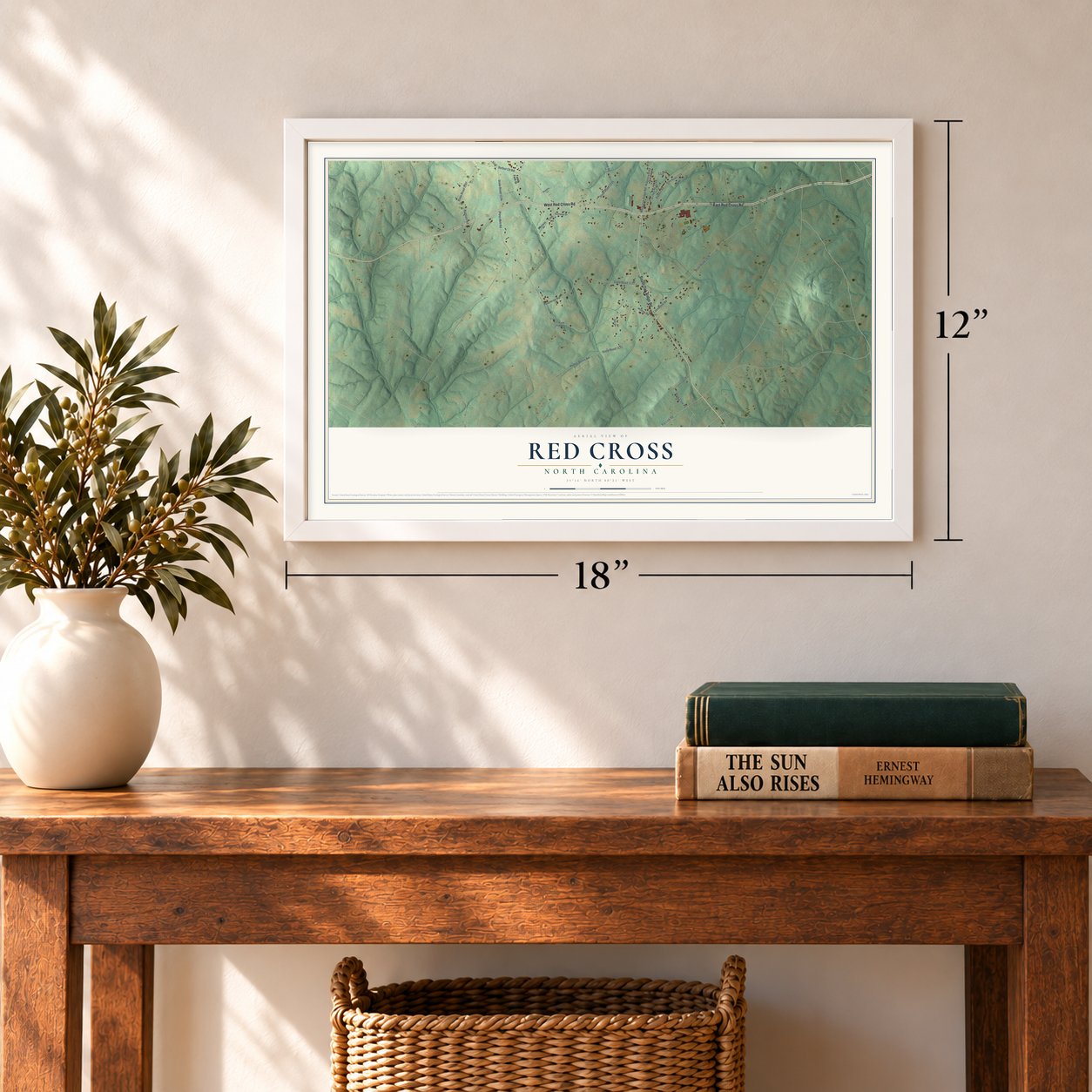 Red Cross, North Carolina map, 12 x 18 inch print in a white frame in an entryway
