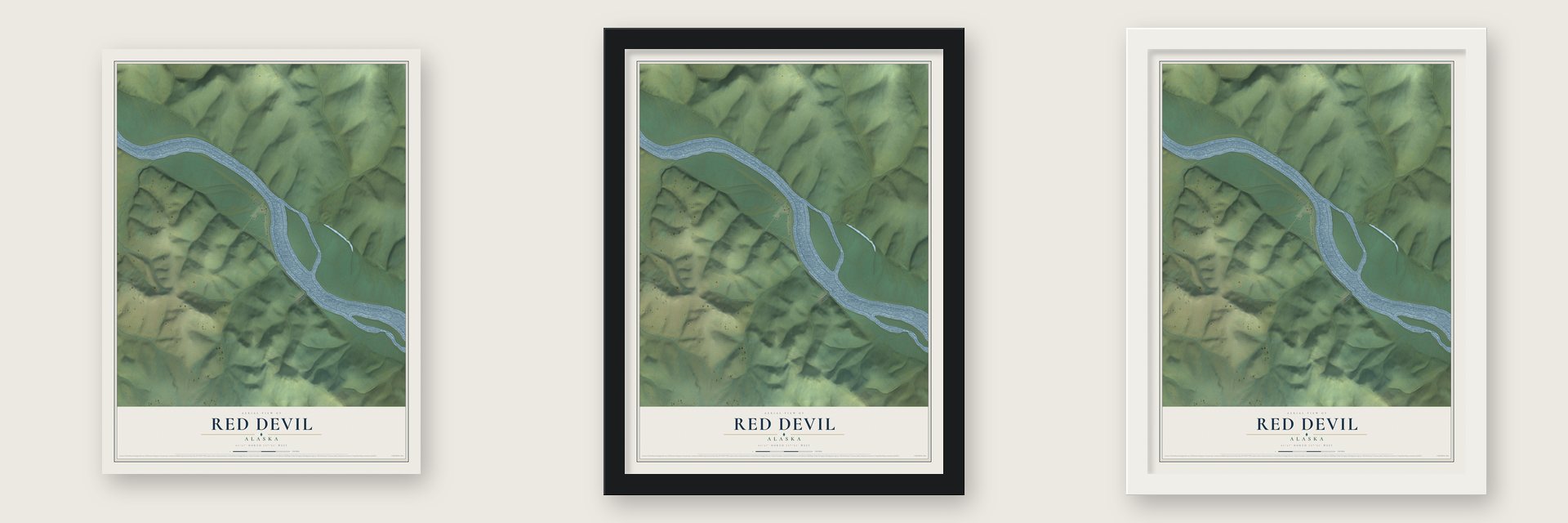 Red Devil, Alaska map unframed, in a black wood frame and in a white wood frame