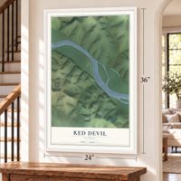 Red Devil, Alaska map, 24 x 36 inch print in a white frame by a staircase