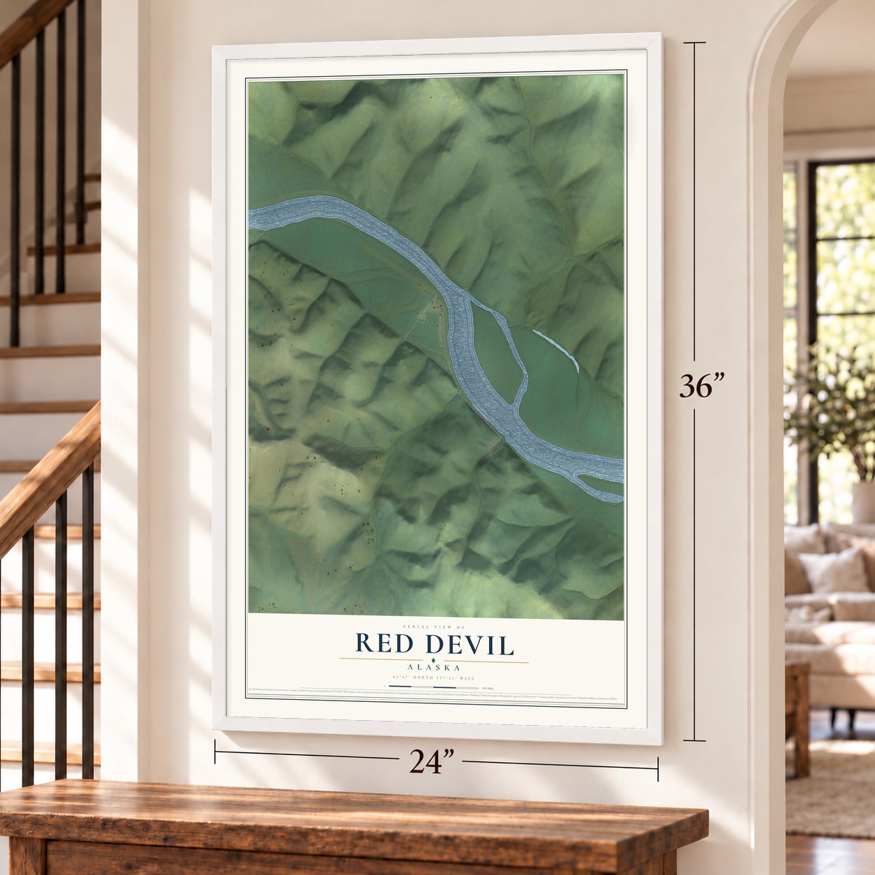 Red Devil, Alaska map, 24 x 36 inch print in a white frame by a staircase