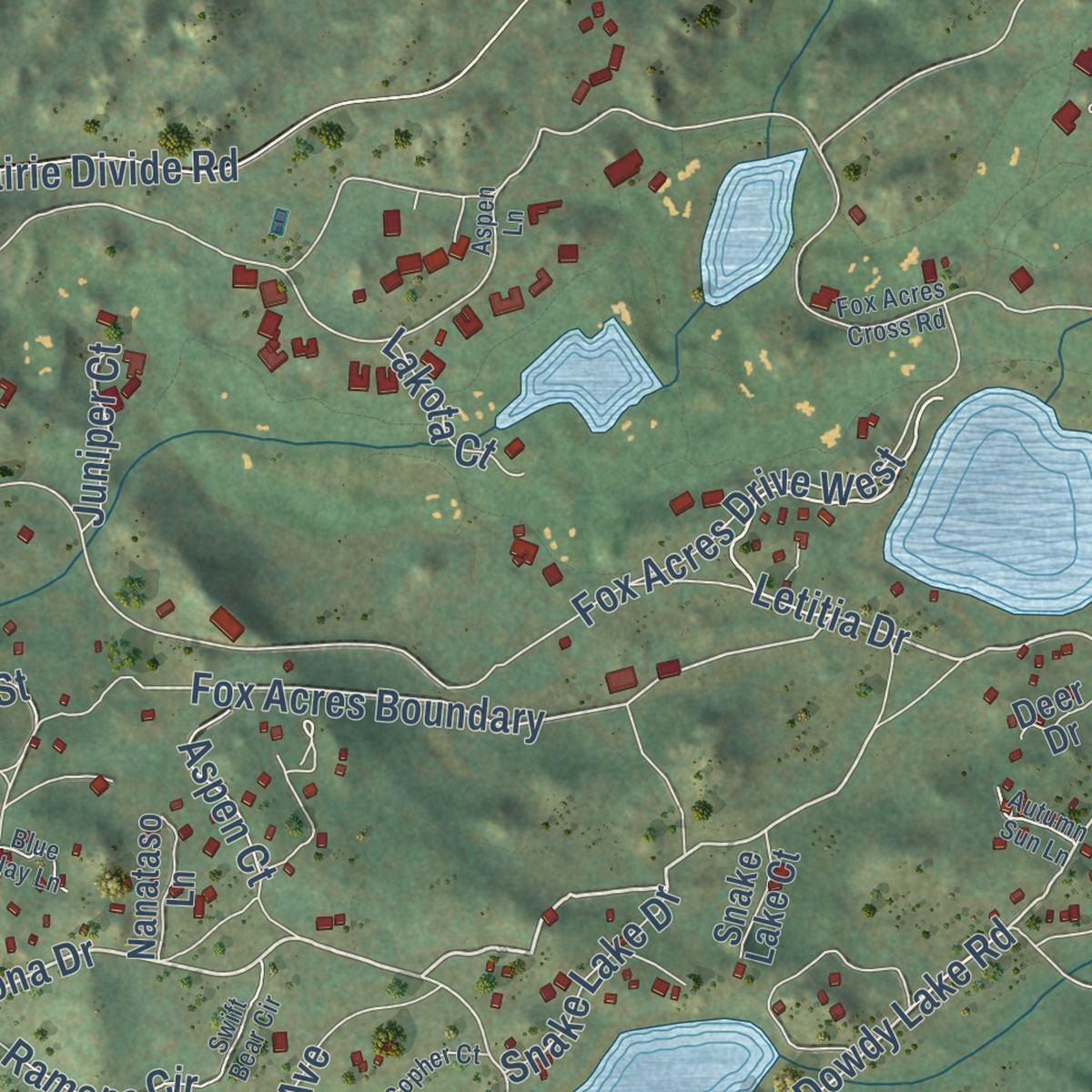 Second close-up of the map of Red Feather Lakes, Colorado print showing more streets and buildings