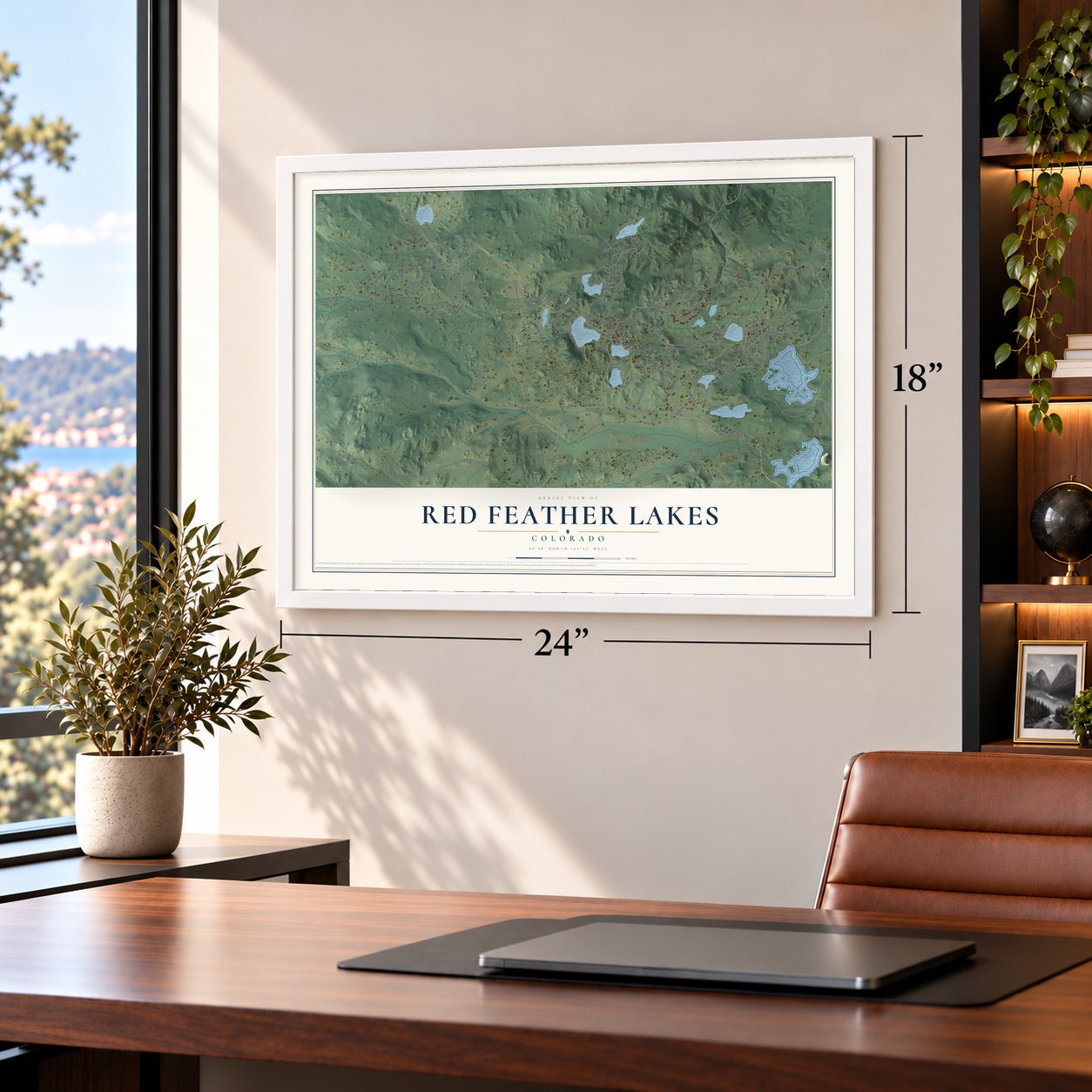 Red Feather Lakes, Colorado map, 18 x 24 inch print in a white frame in a home office