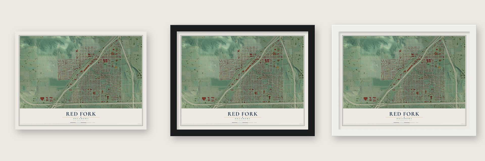 Red Fork, Oklahoma map unframed, in a black wood frame and in a white wood frame
