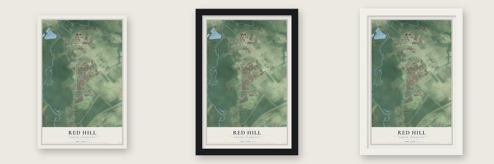 Red Hill, South Carolina map unframed, in a black wood frame and in a white wood frame