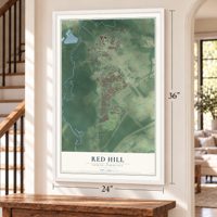 Red Hill, South Carolina map, 24 x 36 inch print in a white frame by a staircase