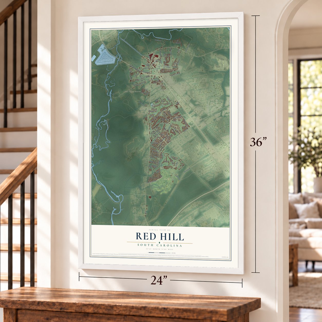Red Hill, South Carolina map, 24 x 36 inch print in a white frame by a staircase