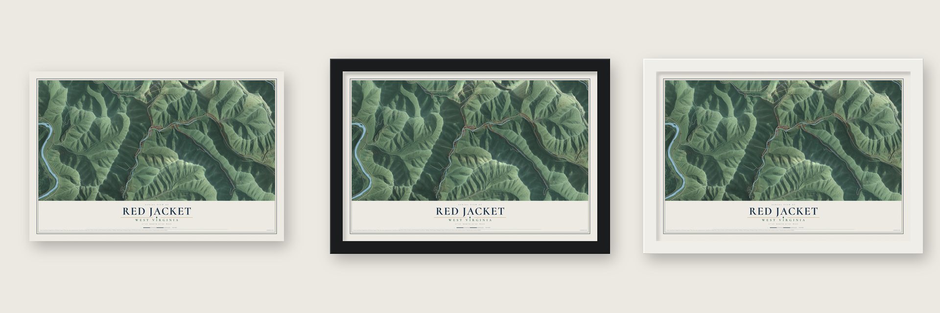 Red Jacket, West Virginia map unframed, in a black wood frame and in a white wood frame