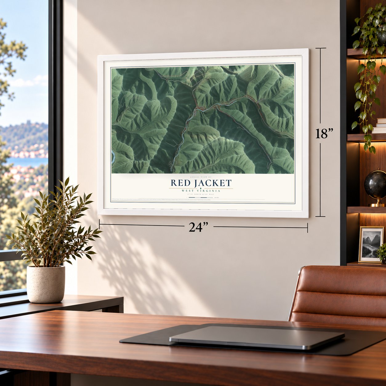 Red Jacket, West Virginia map, 18 x 24 inch print in a white frame in a home office