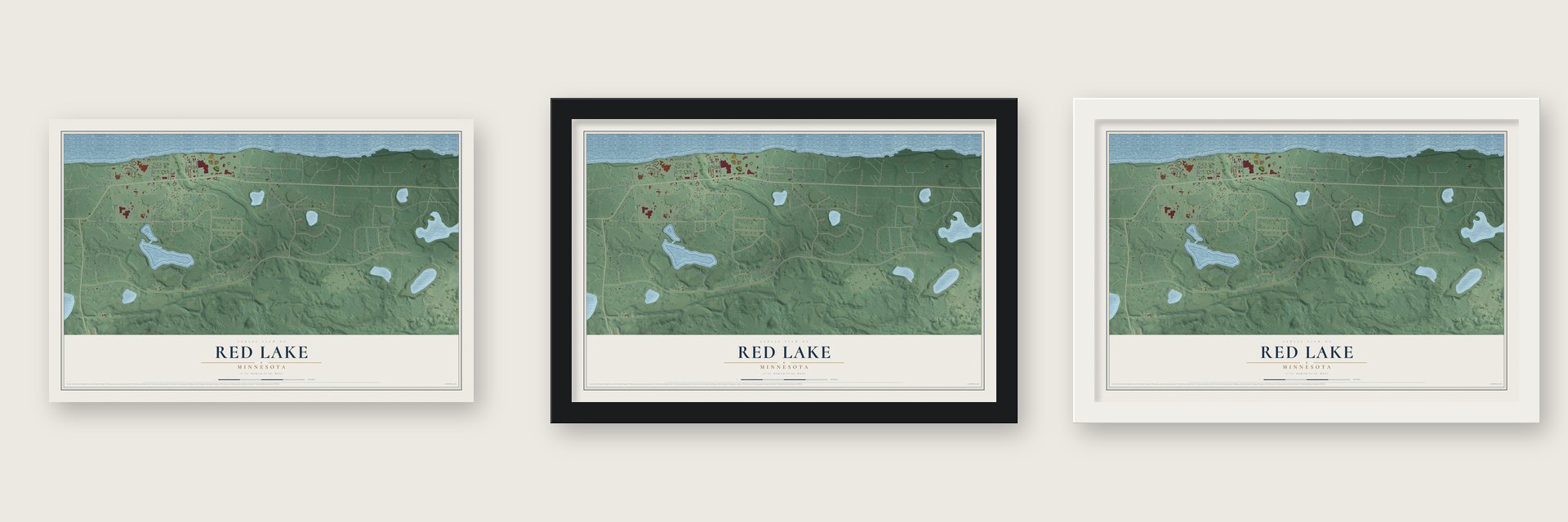 Red Lake, Minnesota map unframed, in a black wood frame and in a white wood frame