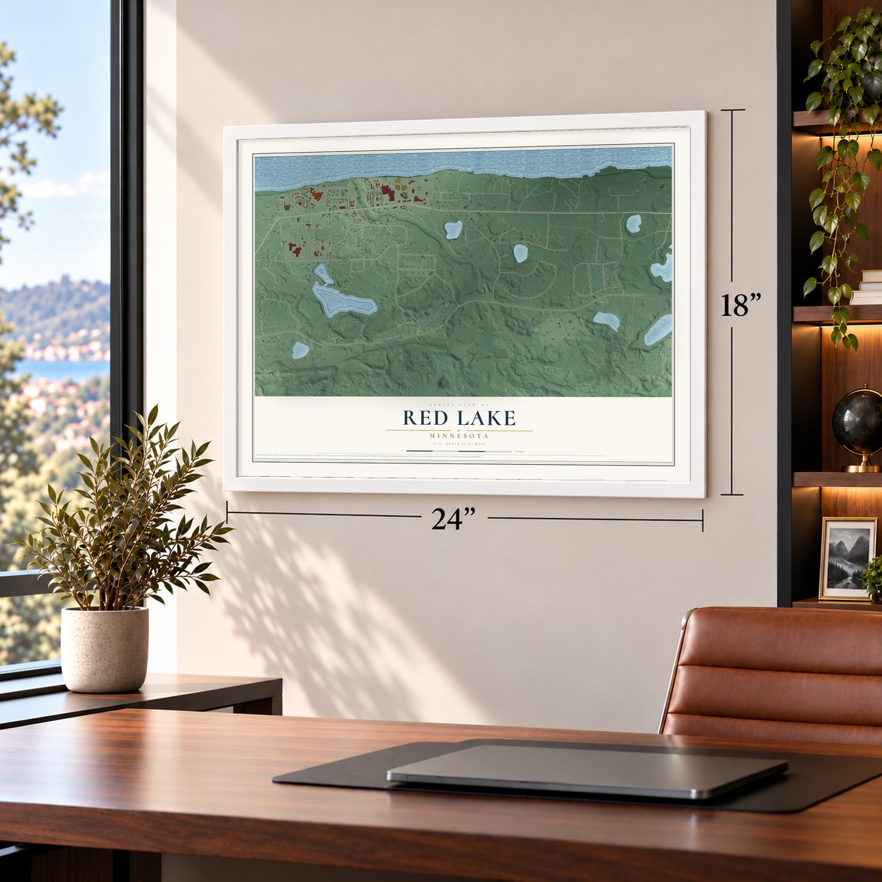 Red Lake, Minnesota map, 18 x 24 inch print in a white frame in a home office
