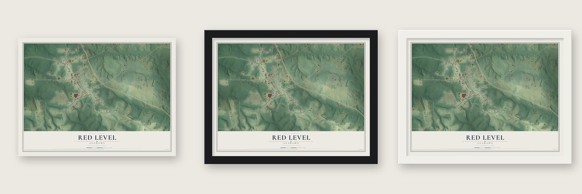 Red Level, Alabama map unframed, in a black wood frame and in a white wood frame