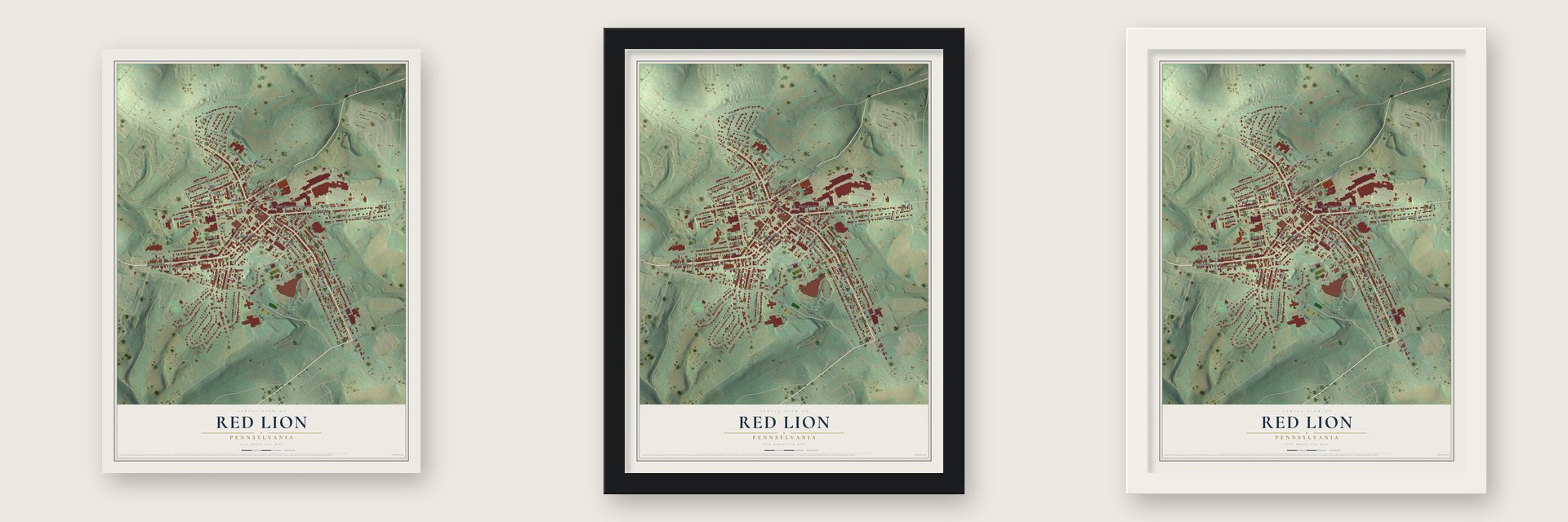 Red Lion, Pennsylvania map unframed, in a black wood frame and in a white wood frame