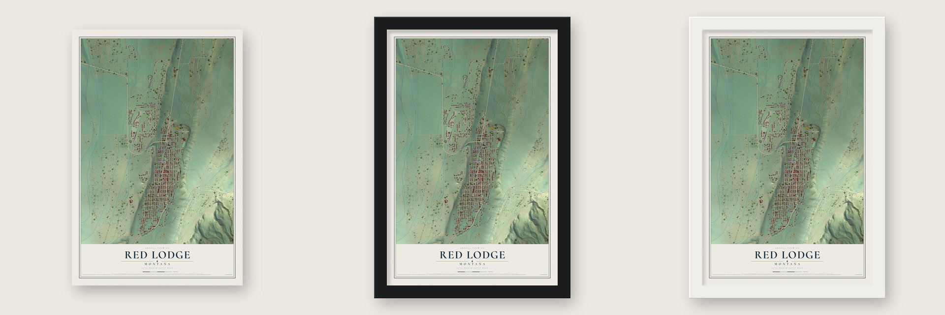 Red Lodge, Montana map unframed, in a black wood frame and in a white wood frame