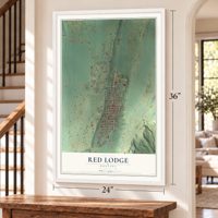 Red Lodge, Montana map, 24 x 36 inch print in a white frame by a staircase