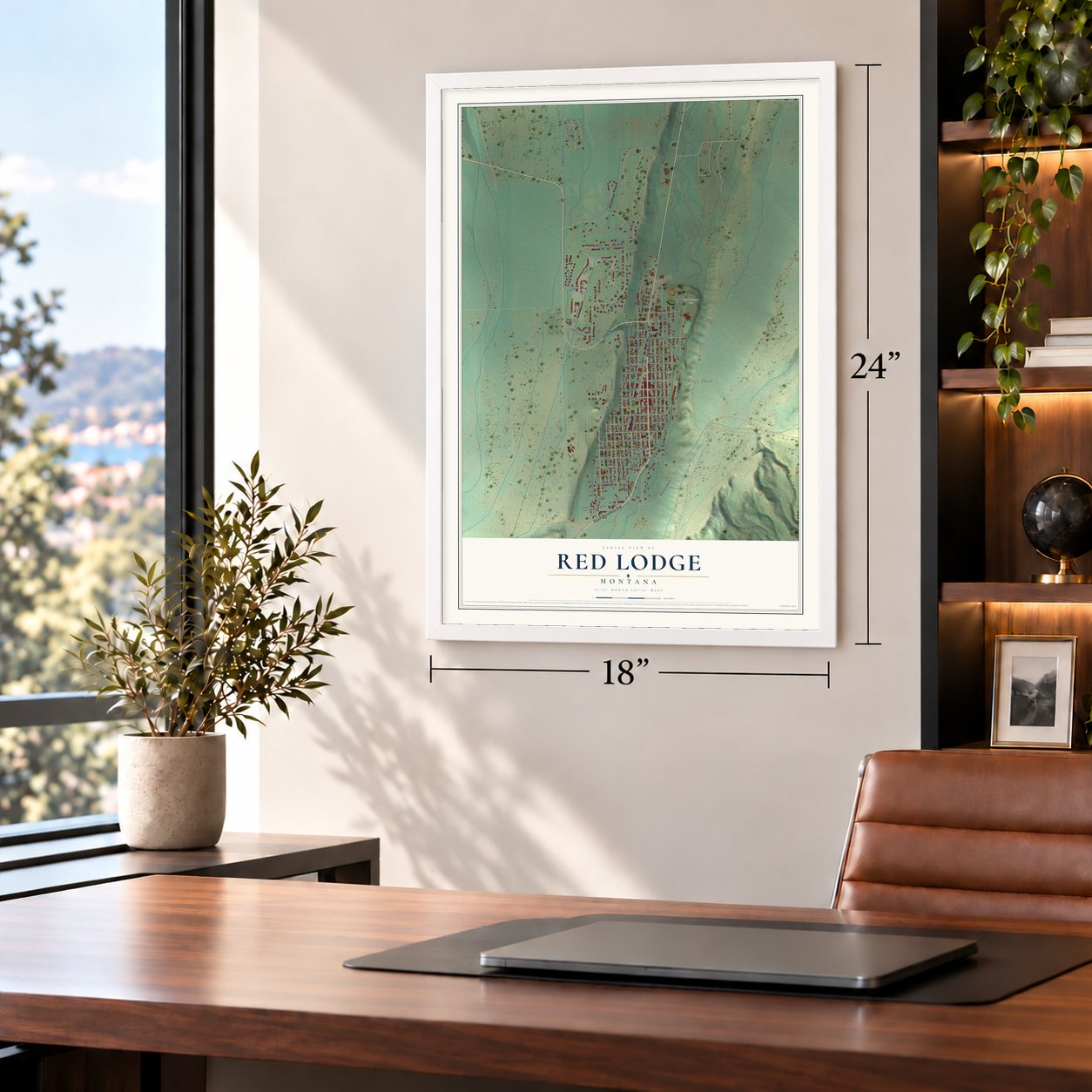 Red Lodge, Montana map, 18 x 24 inch print in a white frame in a home office