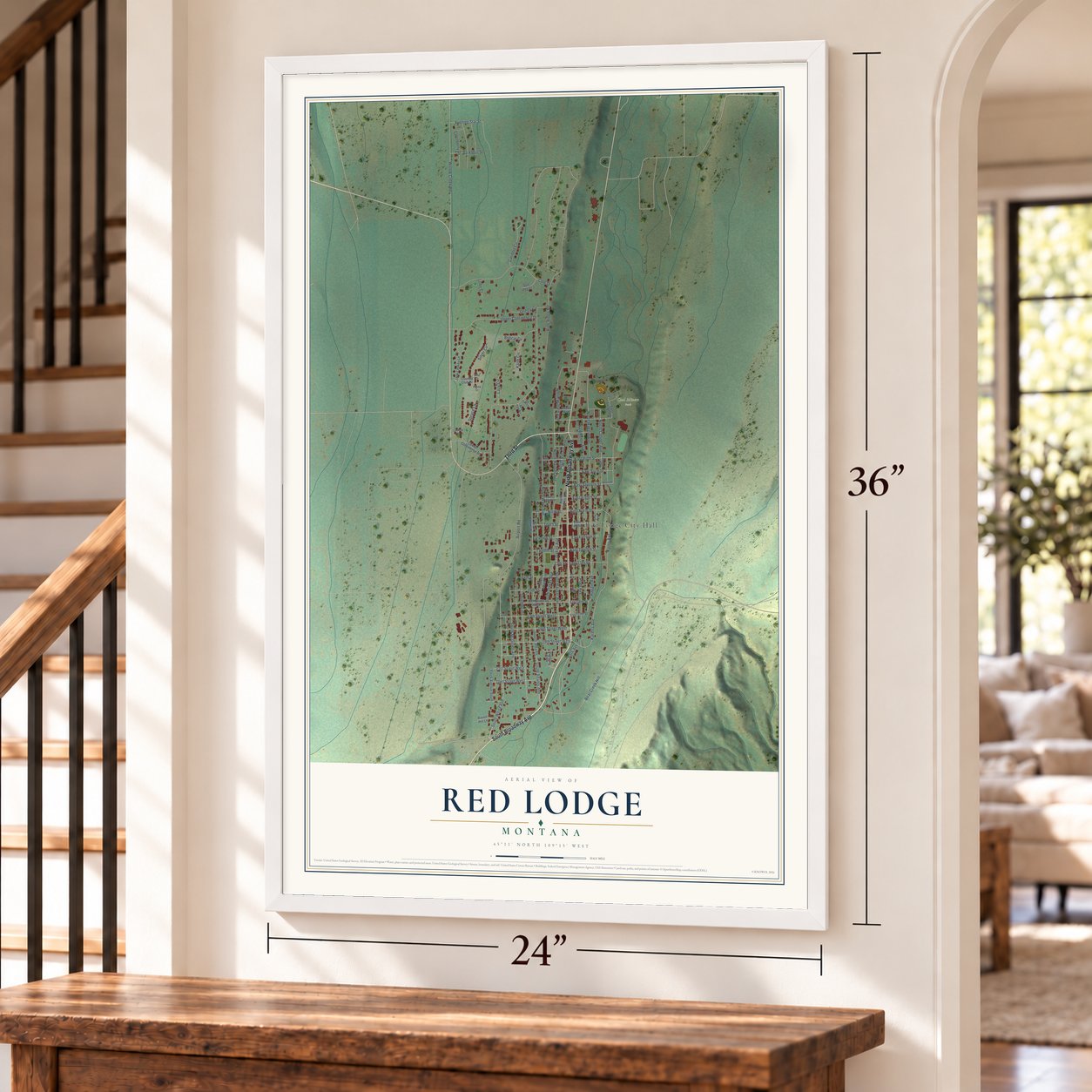Red Lodge, Montana map, 24 x 36 inch print in a white frame by a staircase