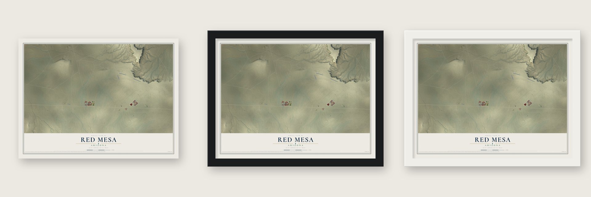 Red Mesa, Arizona map unframed, in a black wood frame and in a white wood frame