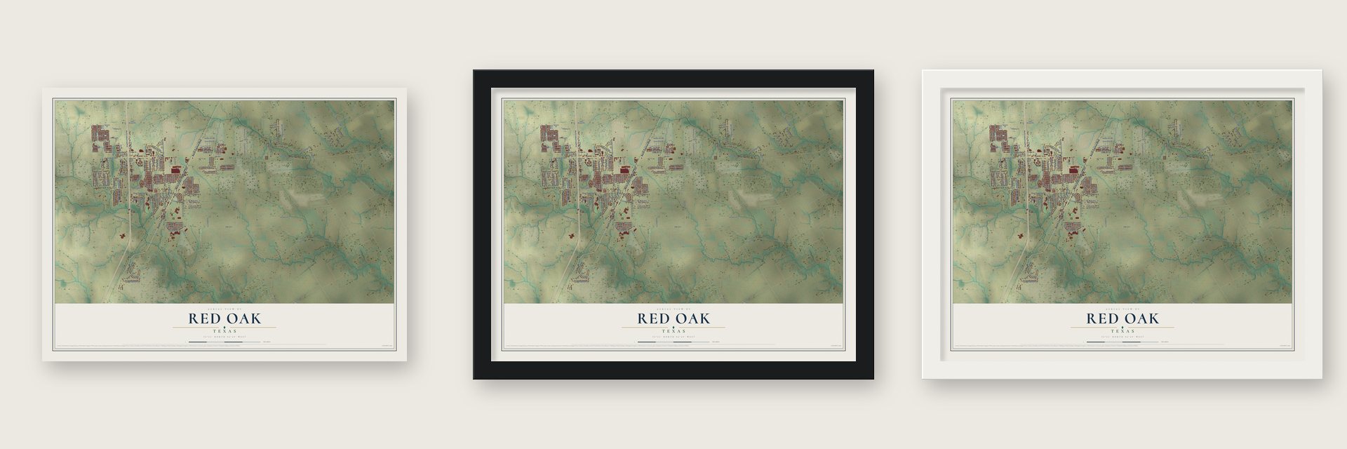 Red Oak, Texas map unframed, in a black wood frame and in a white wood frame
