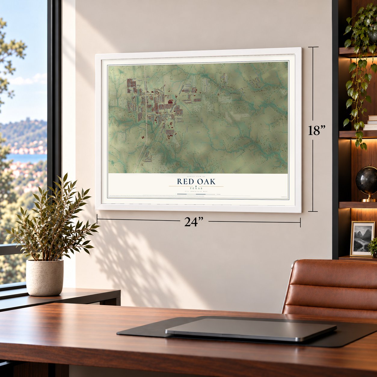 Red Oak, Texas map, 18 x 24 inch print in a white frame in a home office