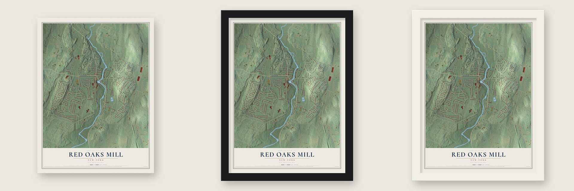 Red Oaks Mill, New York map unframed, in a black wood frame and in a white wood frame