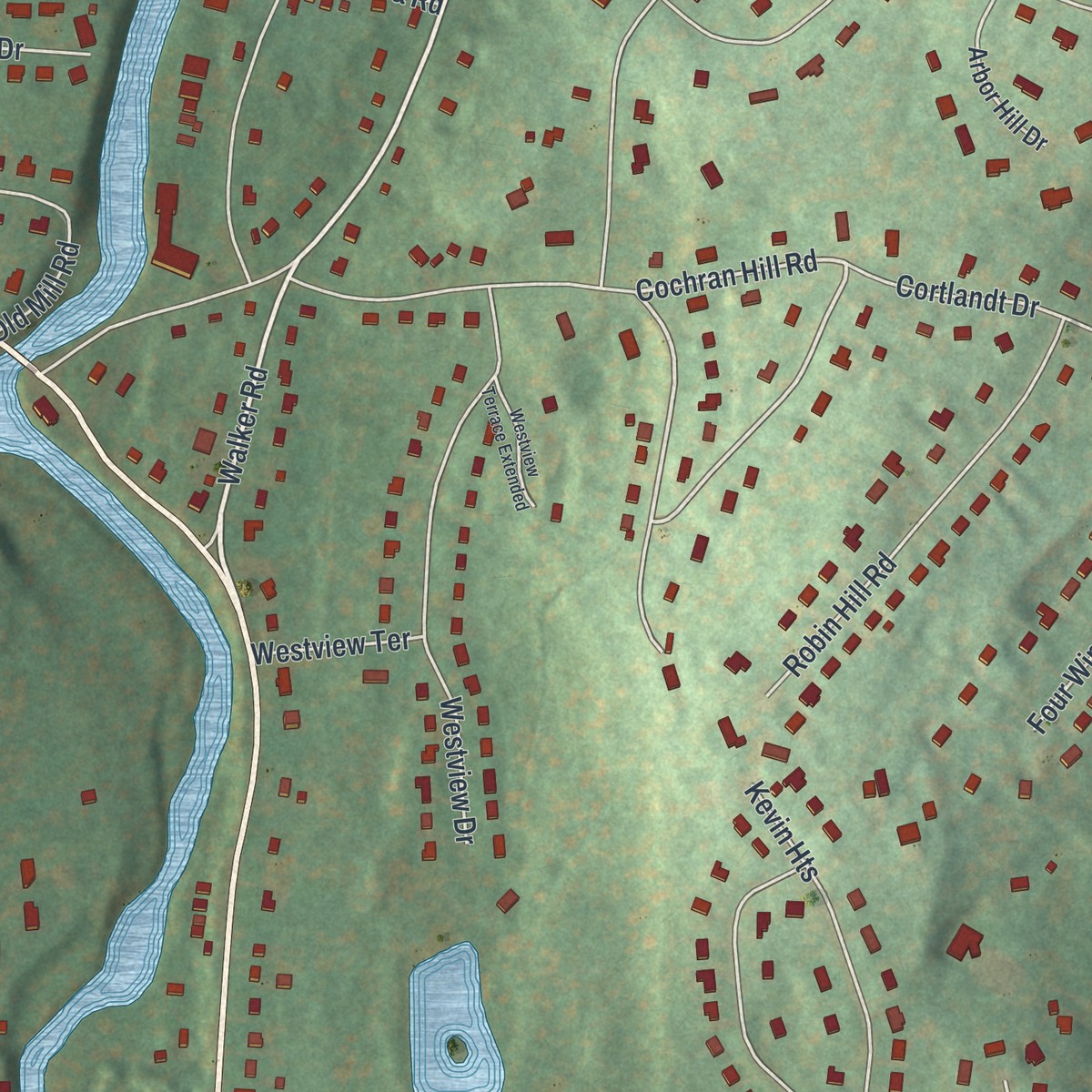 Second close-up of the map of Red Oaks Mill, New York print showing more streets and buildings