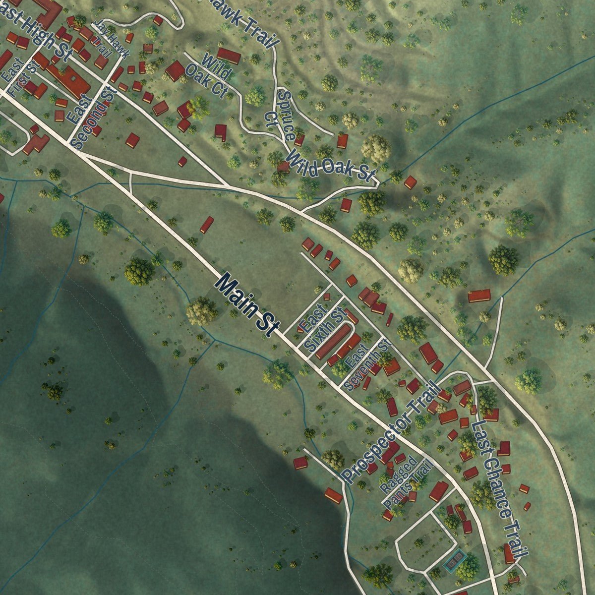 Second close-up of the map of Red River, New Mexico print showing more streets and buildings