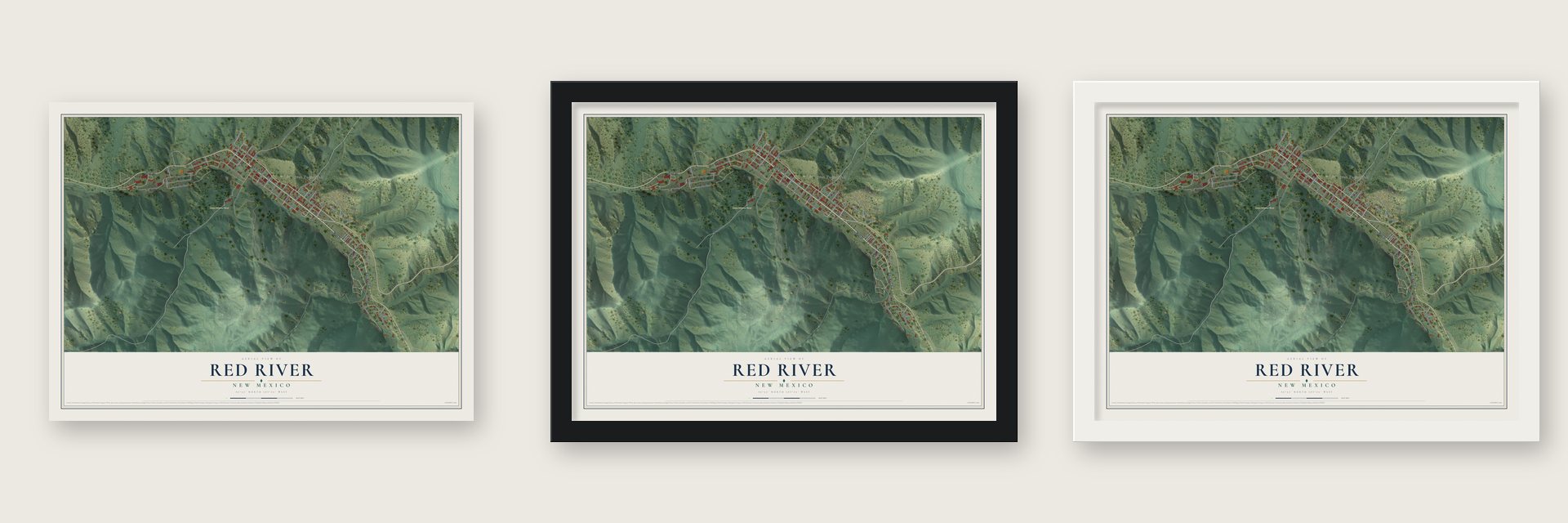 Red River, New Mexico map unframed, in a black wood frame and in a white wood frame