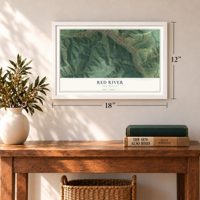 Red River, New Mexico map, 12 x 18 inch print in a white frame in an entryway