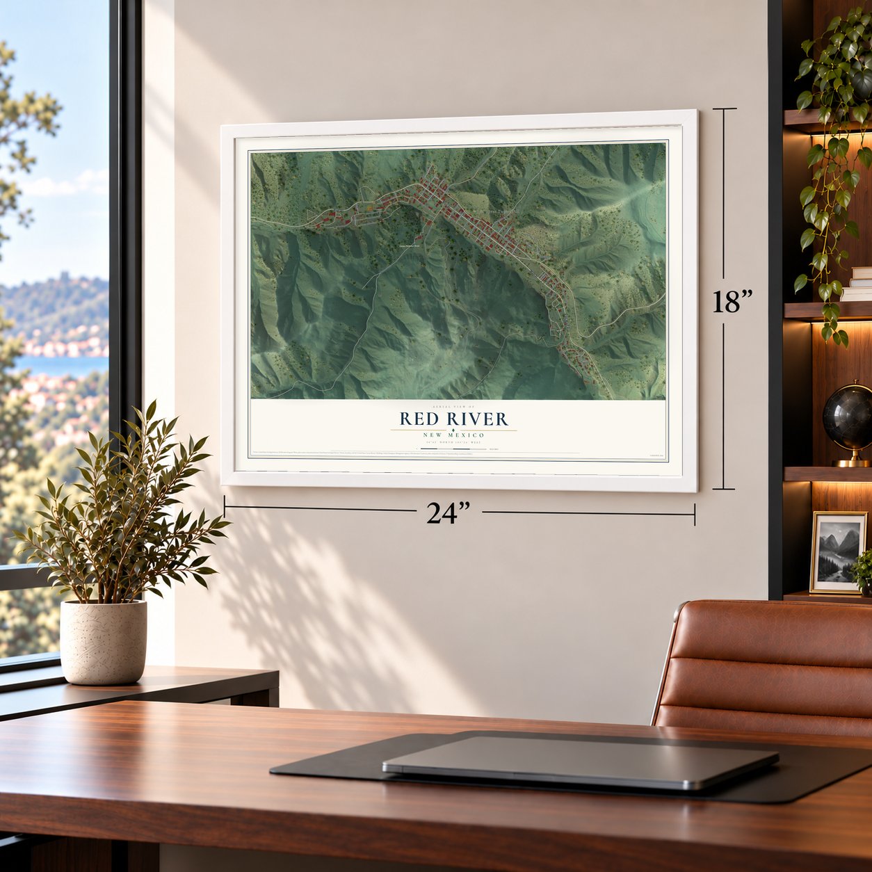 Red River, New Mexico map, 18 x 24 inch print in a white frame in a home office