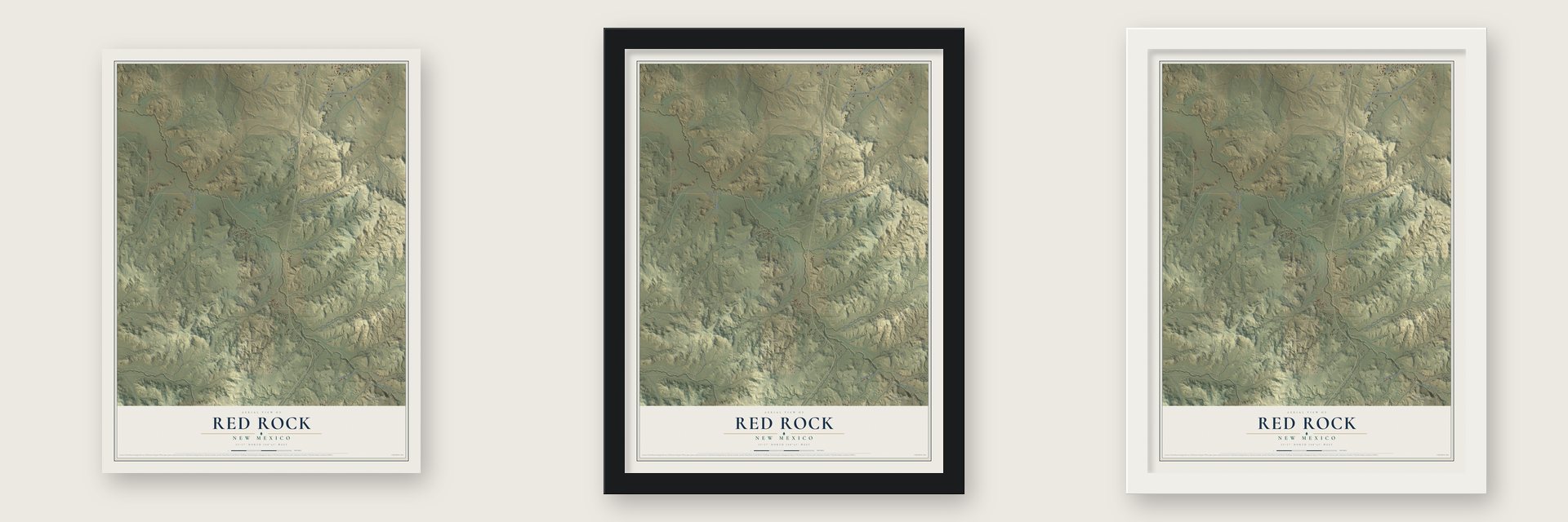 Red Rock, New Mexico map unframed, in a black wood frame and in a white wood frame