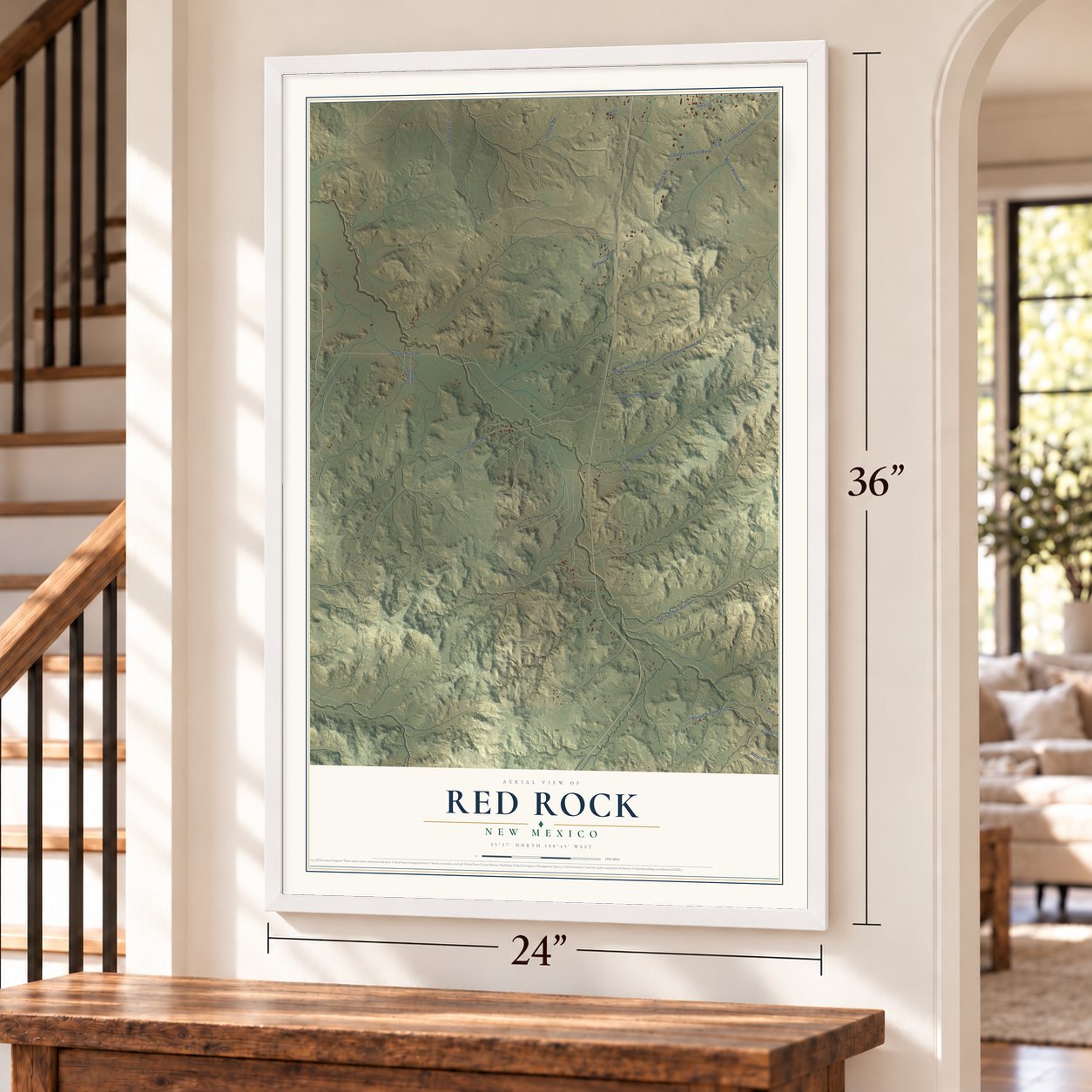 Red Rock, New Mexico map, 24 x 36 inch print in a white frame by a staircase
