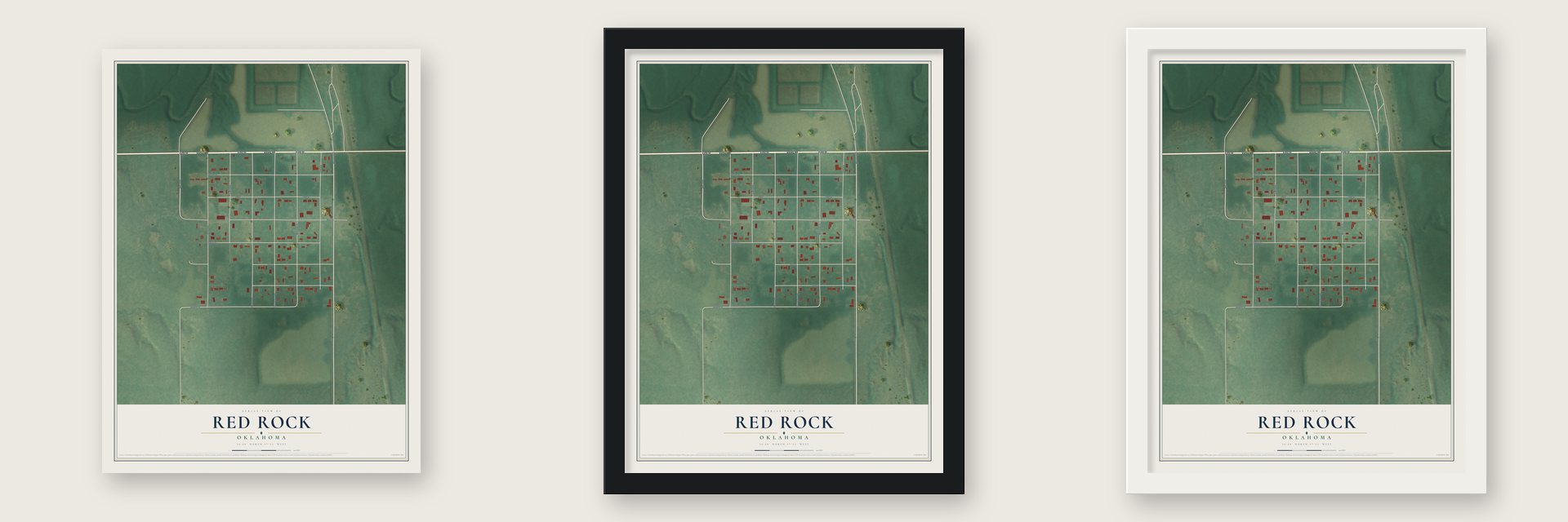 Red Rock, Oklahoma map unframed, in a black wood frame and in a white wood frame
