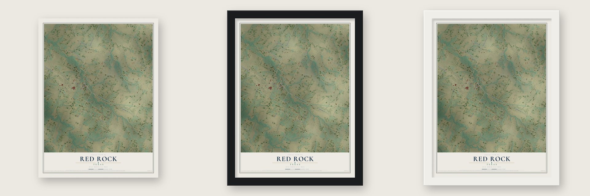 Red Rock, Texas map unframed, in a black wood frame and in a white wood frame