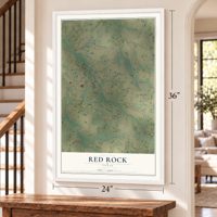 Red Rock, Texas map, 24 x 36 inch print in a white frame by a staircase