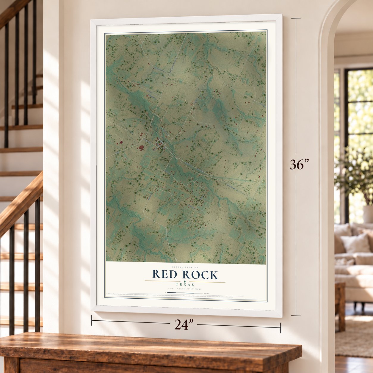 Red Rock, Texas map, 24 x 36 inch print in a white frame by a staircase