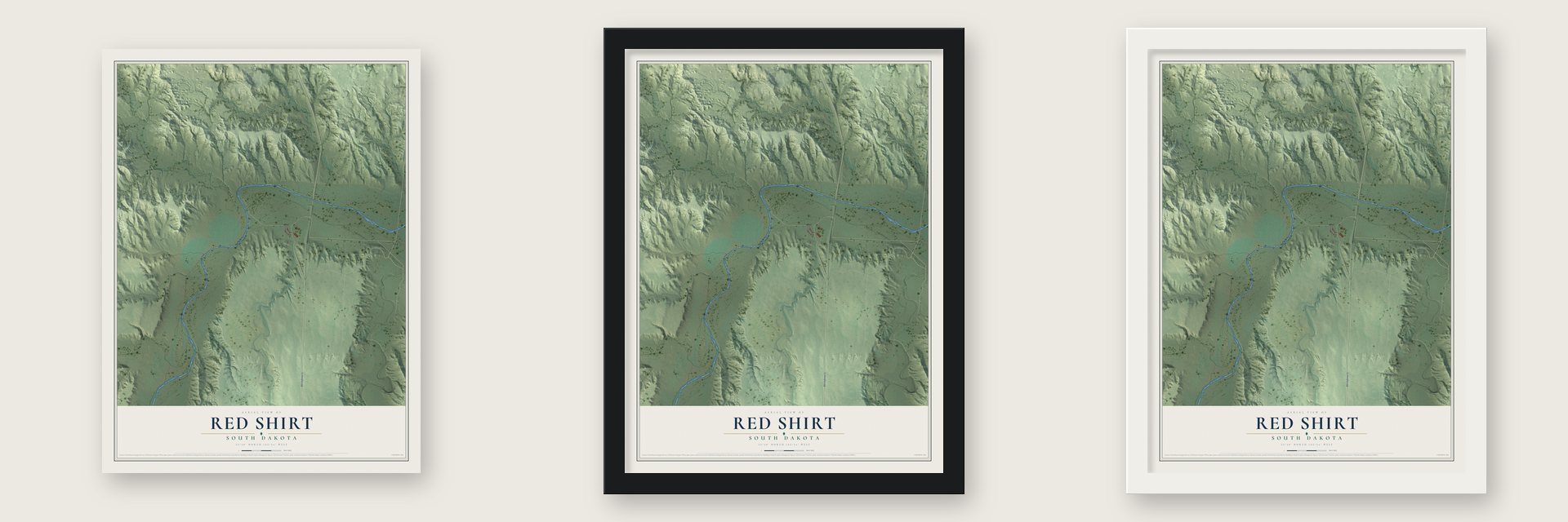 Red Shirt, South Dakota map unframed, in a black wood frame and in a white wood frame