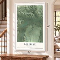 Red Shirt, South Dakota map, 24 x 36 inch print in a white frame by a staircase