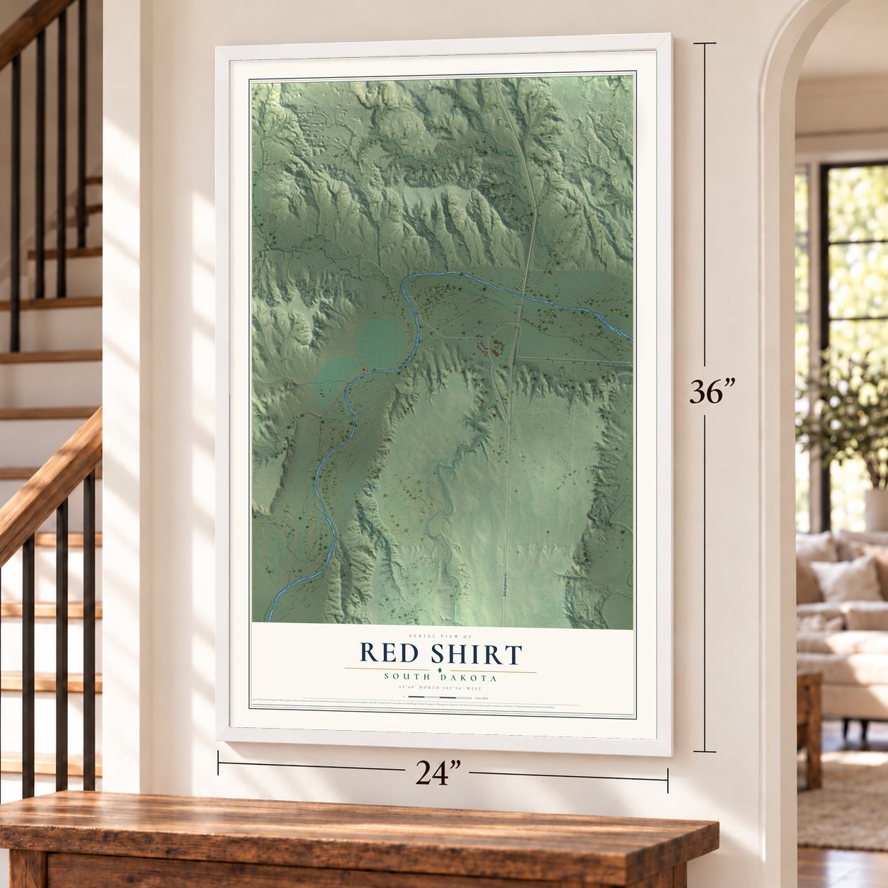 Red Shirt, South Dakota map, 24 x 36 inch print in a white frame by a staircase