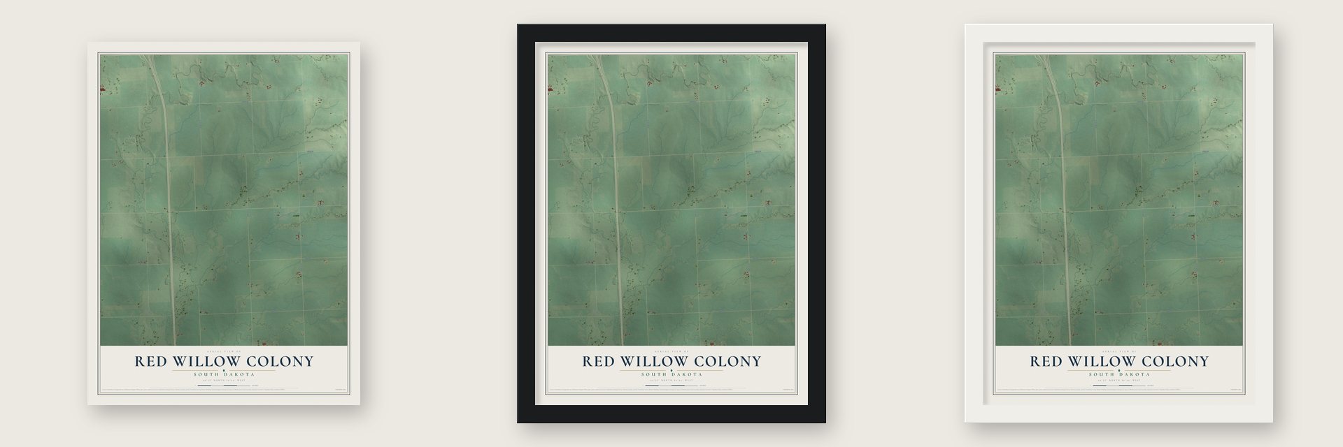 Red Willow Colony, South Dakota map unframed, in a black wood frame and in a white wood frame