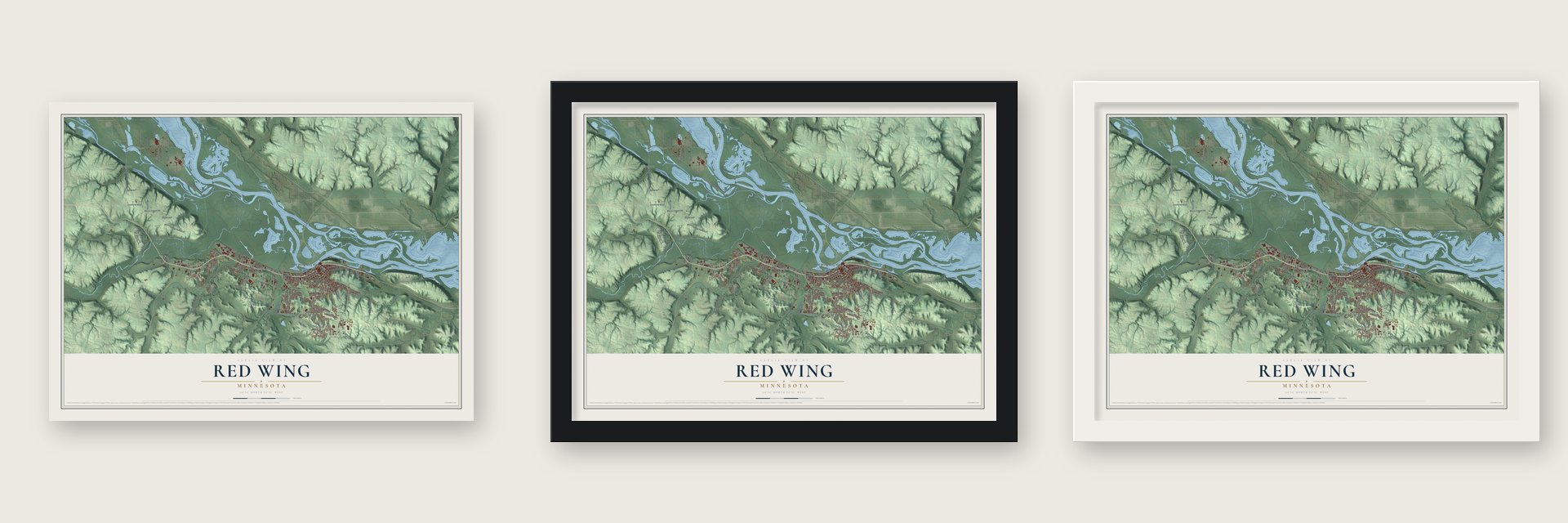 Red Wing, Minnesota map unframed, in a black wood frame and in a white wood frame
