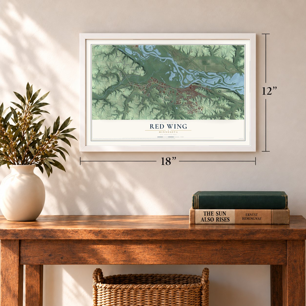 Red Wing, Minnesota map, 12 x 18 inch print in a white frame in an entryway