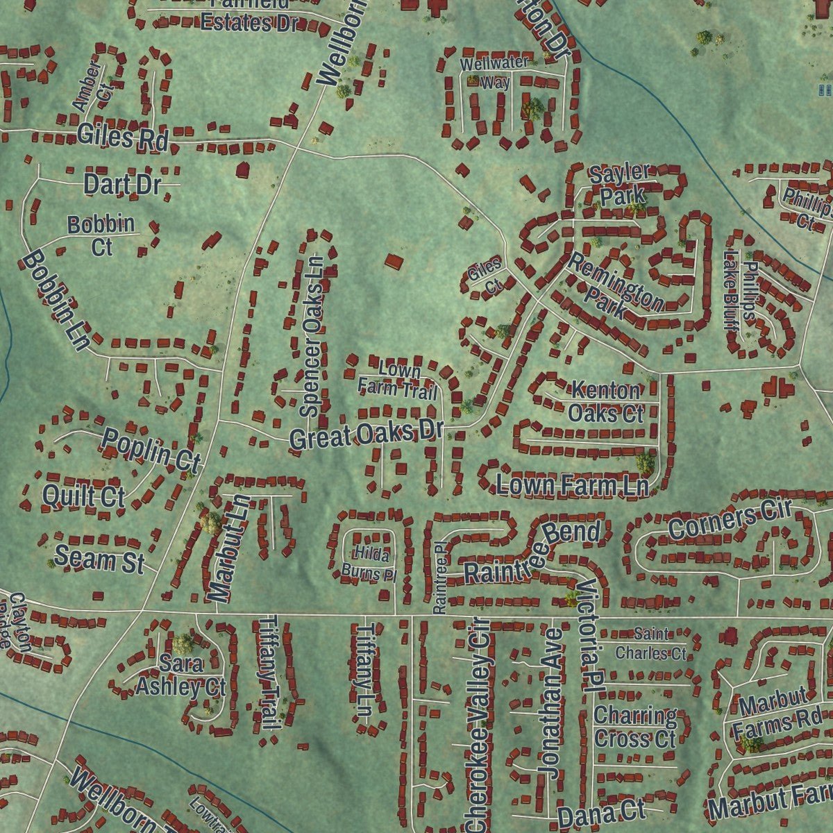 Second close-up of the map of Redan, Georgia print showing more streets and buildings