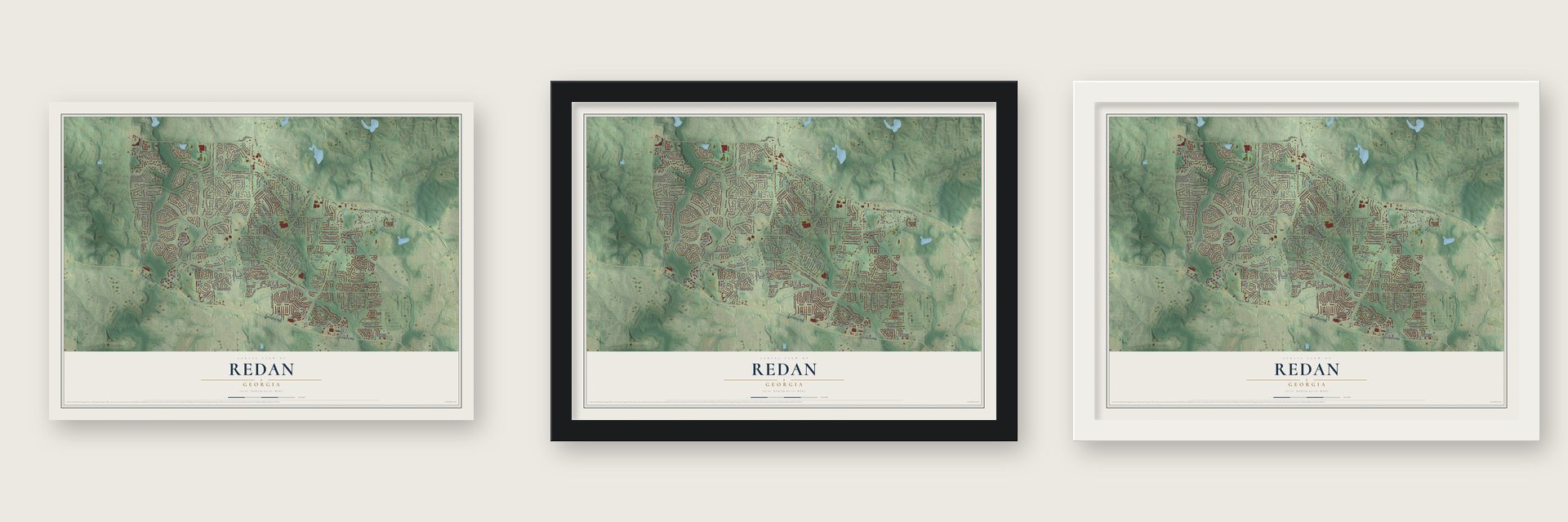 Redan, Georgia map unframed, in a black wood frame and in a white wood frame