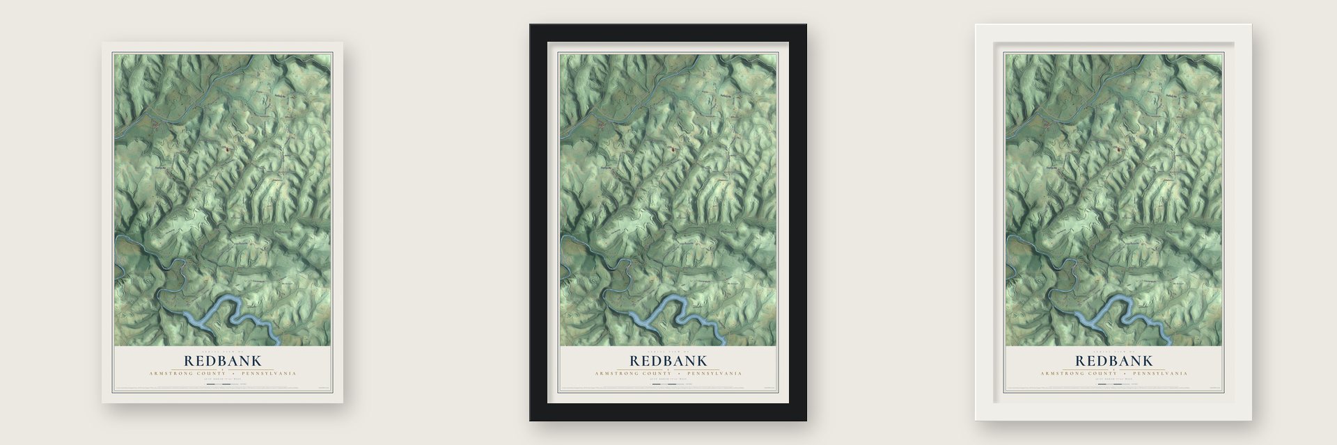 Redbank, Armstrong County, Pennsylvania map unframed, in a black wood frame and in a white wood frame