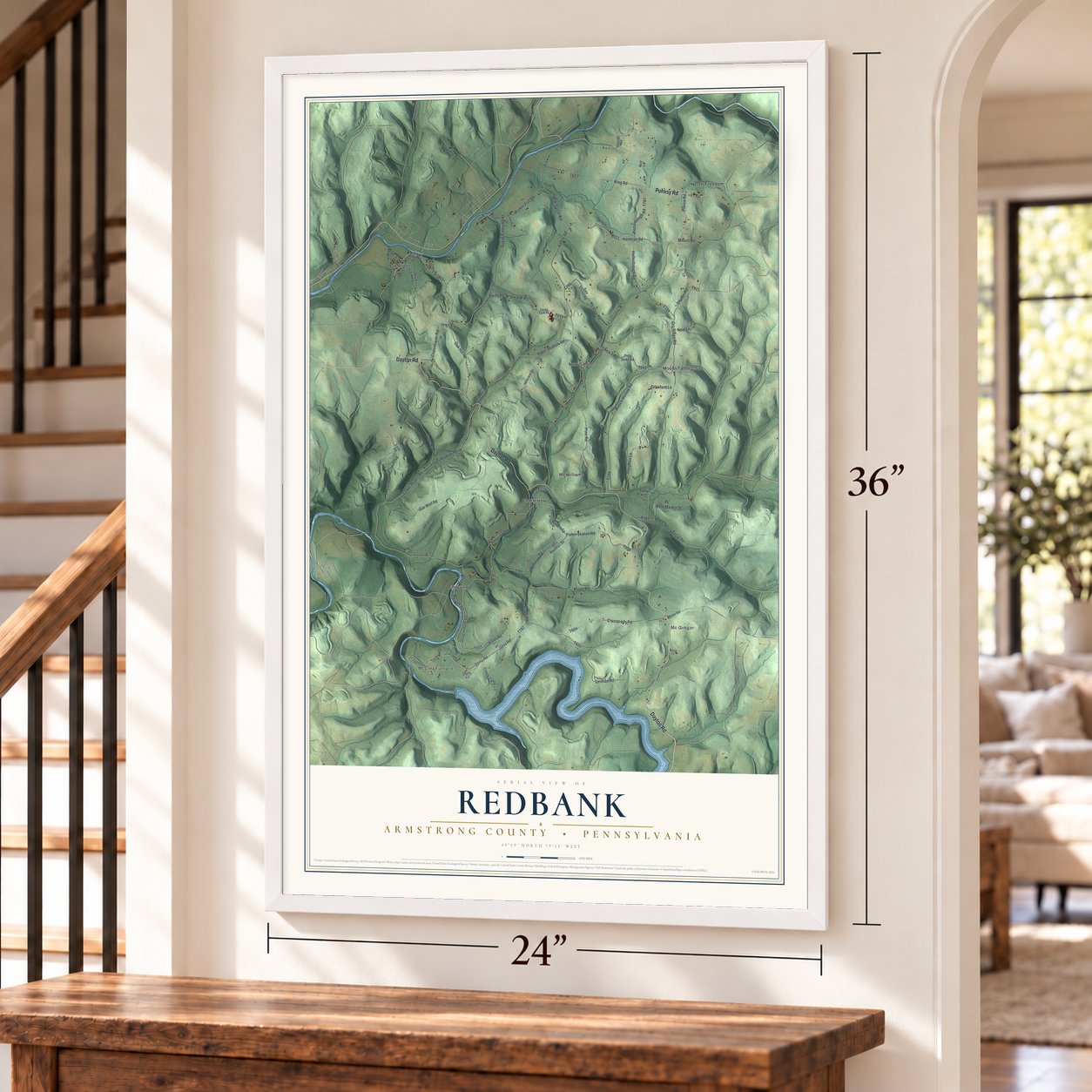 Redbank, Armstrong County, Pennsylvania map, 24 x 36 inch print in a white frame by a staircase