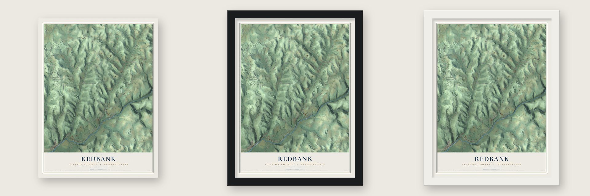 Redbank, Clarion County, Pennsylvania map unframed, in a black wood frame and in a white wood frame