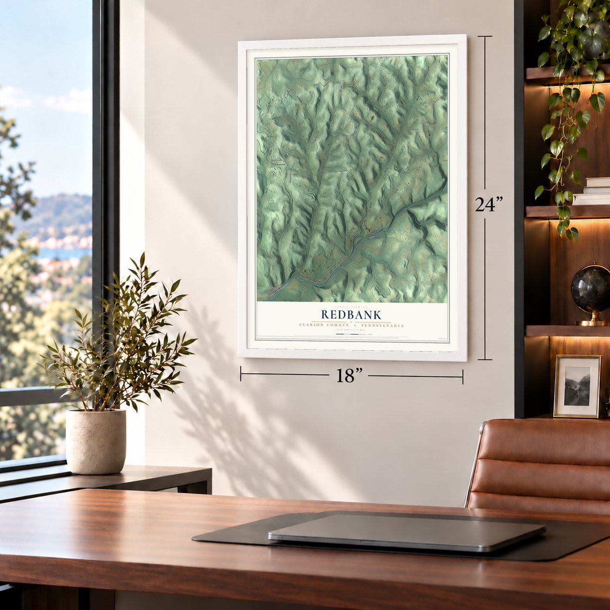 Redbank, Clarion County, Pennsylvania map, 18 x 24 inch print in a white frame in a home office