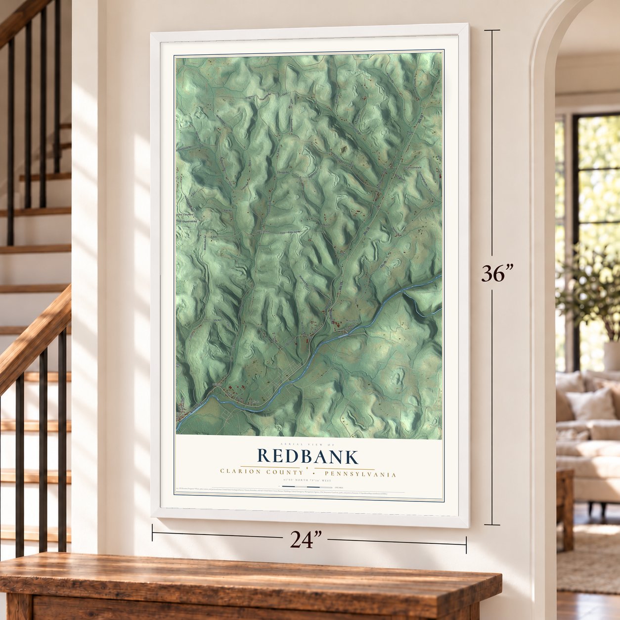 Redbank, Clarion County, Pennsylvania map, 24 x 36 inch print in a white frame by a staircase