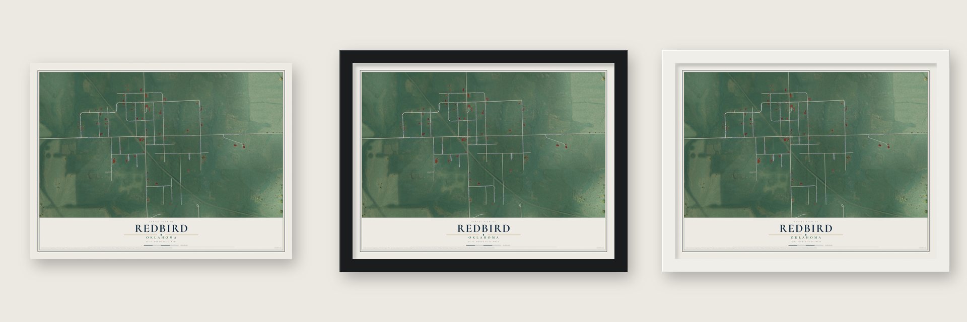 Redbird, Oklahoma map unframed, in a black wood frame and in a white wood frame