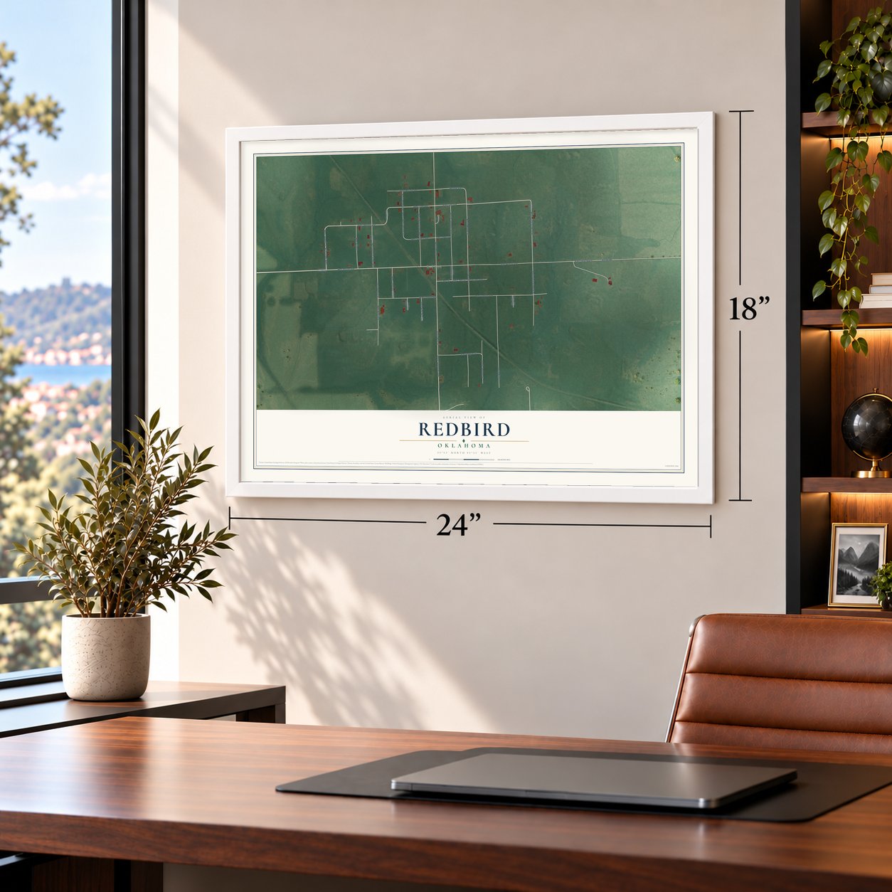 Redbird, Oklahoma map, 18 x 24 inch print in a white frame in a home office